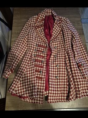 Red and Cream Houndstooth Double-Breasted Pea Coat
